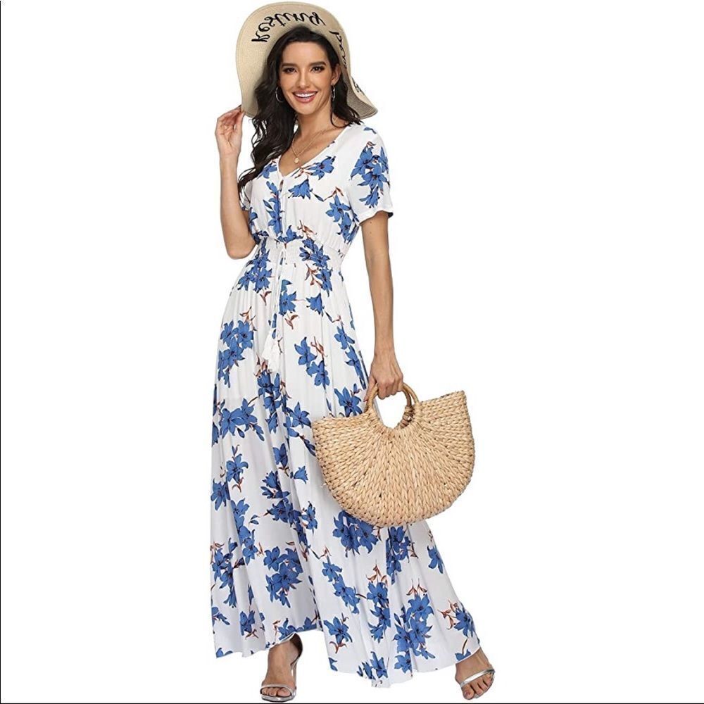 ✨ Women's Floral Print Maxi Dresses Boho Button Up Split Beach Party Dress✨